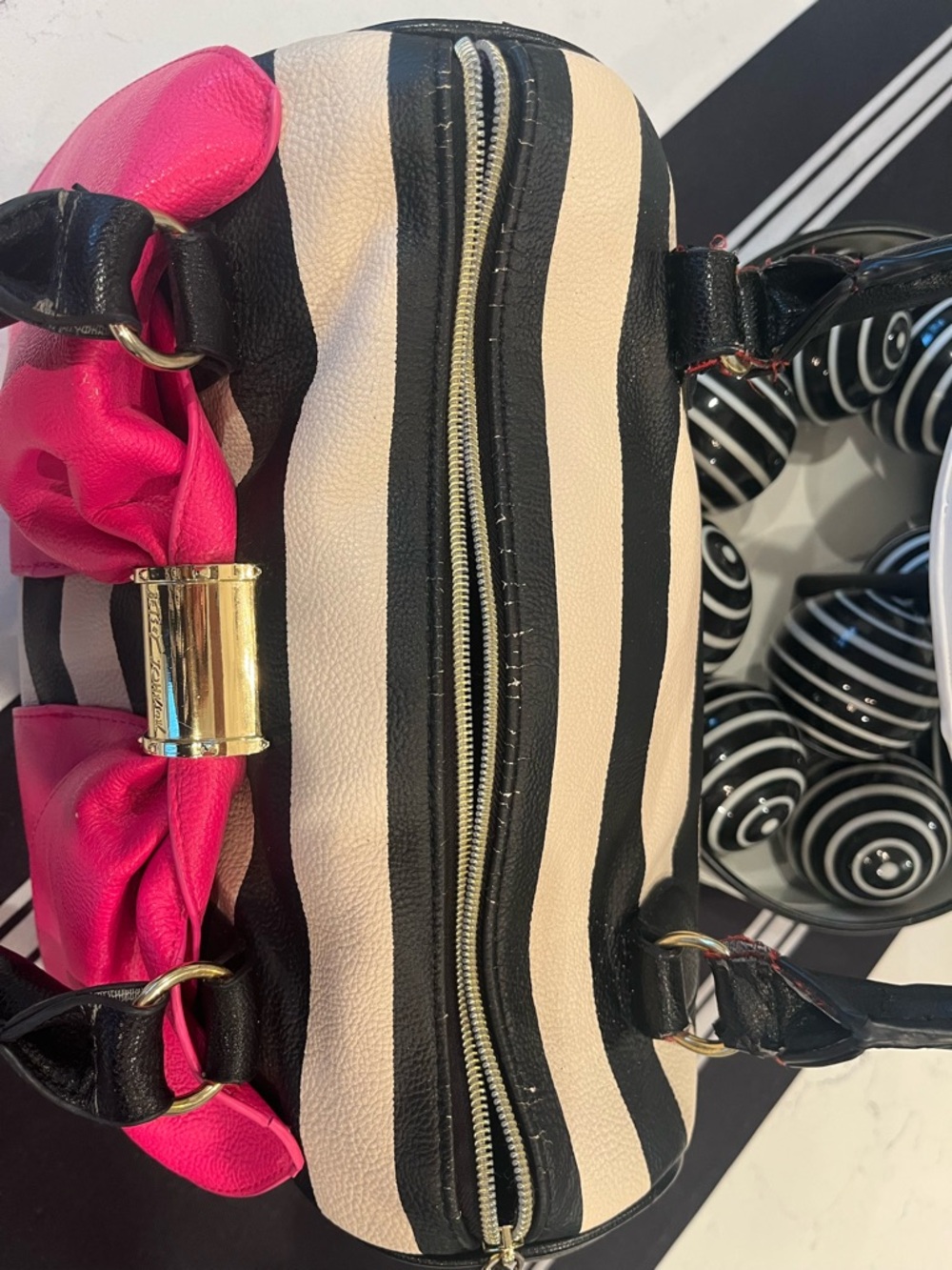 Purse-Betsey Johnson Hot Pink & Black-White Striped Bow Satchel - Picture 6 of 14